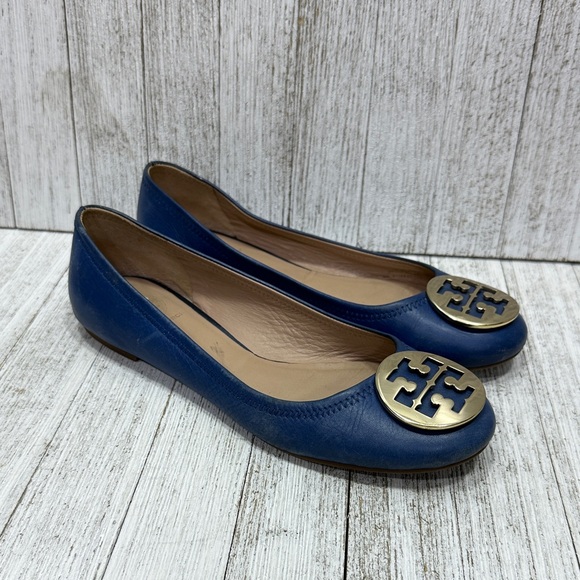 Tory Burch Shoes - Tory Burch Navy Leather Reva Flats with Gold Logo
